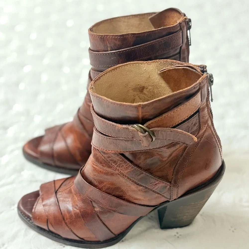 Freebird by Steven Joker Cognac Brown Leather Booties Open Toe Women’s Size 8